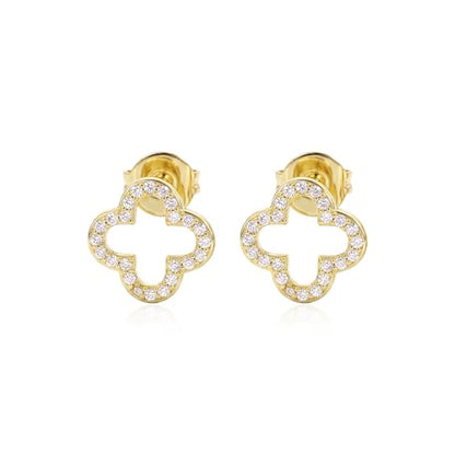 18K Gold Plated Huggie Hoop Earrings for Women, 925 Sterling Silver Post, Hypoallergenic Small Earrings - color: Clover Pavé Studs