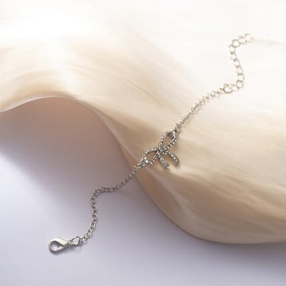 Gold Bow Necklace Bracelet Earrings Set for Women Bowknot Choker Necklace Ribbon Stud Earrings Silver Bow Bracelet Christmas Holiday Jewelry - color: Silver-1