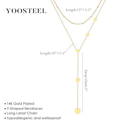 Yoosteel Long 14K-Gold-Plated Necklace for Women,Layered Lariat Necklaces | Dainty Y Drop Necklaces, Western Necklace Stack,Simple Bar Heart Circle Pendant,Prom Choker Chain Jewelry,Trendy Gifts - color: Layered Heart Bead Y-Shaped Necklace