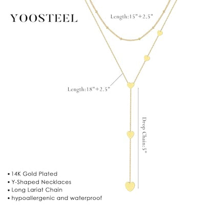 Yoosteel Long 14K-Gold-Plated Necklace for Women,Layered Lariat Necklaces | Dainty Y Drop Necklaces, Western Necklace Stack,Simple Bar Heart Circle Pendant,Prom Choker Chain Jewelry,Trendy Gifts - color: Layered Heart Bead Y-Shaped Necklace