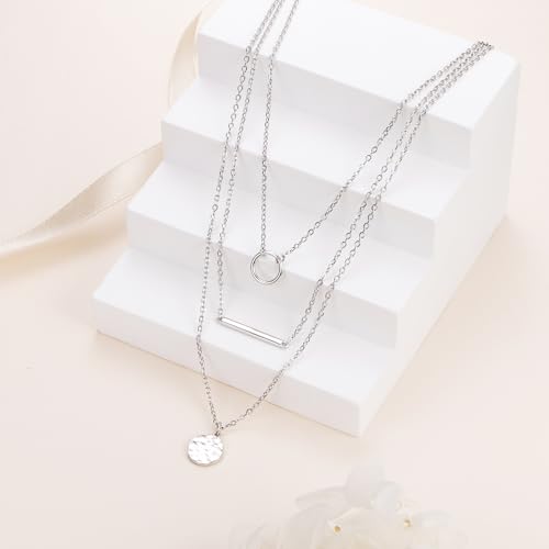 925 Sterling Silver Multilayer Layered Triple Long Chain Necklace for Women - style: Multilayer Hammered