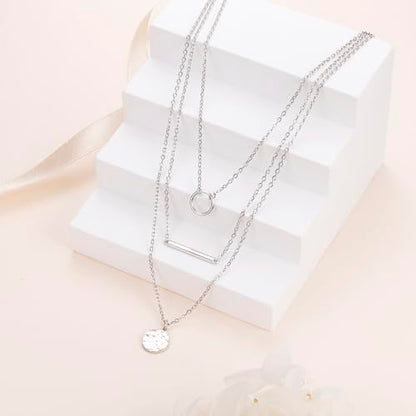 925 Sterling Silver Multilayer Layered Triple Long Chain Necklace for Women - style: Multilayer Hammered