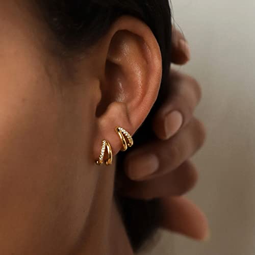 Me&Hz Gold Huggie Earrings Small Huggie Hoop Earrings for Women 14K Gold Plated Hypoallergenic Cubic Zirconia Huggies Mini Silver Hoop Earring for Women - color: Double Hoops,Gold