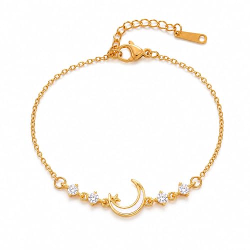 Moon Phase Bracelet Gold/Silver Opal Moon Charm Bracelet Adjustable Opal Style Crescent Charm Chain Bracelets with White Bead Accents Celestial Jewelry Outfit Accessories Gift for Women - color: B1: Gold
