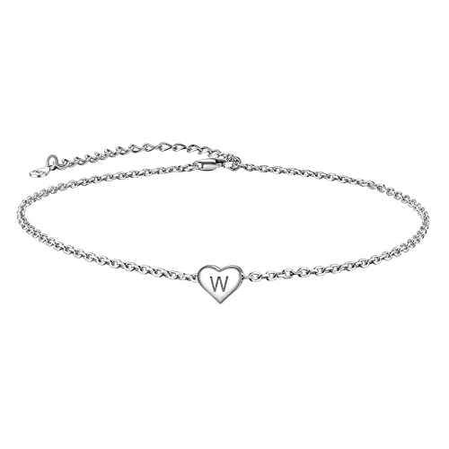 Suplight 925 Sterling Silver Initial Heart Anklets for Women Dainty Ankle Bracelets Letter Anklet Adjustable Plus Size Foot Chain Summer Beach Boho Jewelry - color: W