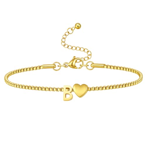 Gold Initial Bracelet for Women Dainty Personalized Name Bracelet | 14K Gold Plated, Letter A-Z Bracelet, Tiny Gold Initial Cute Heart Bracelet Jewelry Gift - color: B