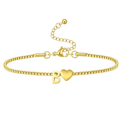 Gold Initial Bracelet for Women Dainty Personalized Name Bracelet | 14K Gold Plated, Letter A-Z Bracelet, Tiny Gold Initial Cute Heart Bracelet Jewelry Gift - color: B
