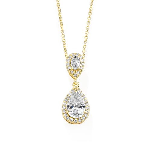 Mariell Cubic Zirconia Crystal Teardrop Bridal Wedding Pendant Necklace, Jewelry for Brides, Bridesmaids - color: Gold