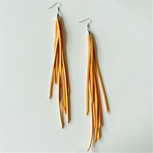 Leather Tassel Earrings Bohemian Tassel Fringe Dangle Earrings Boho Handmade Leather Feather Long Tassel Earrings Western Jewelry for Women - color: Yellow