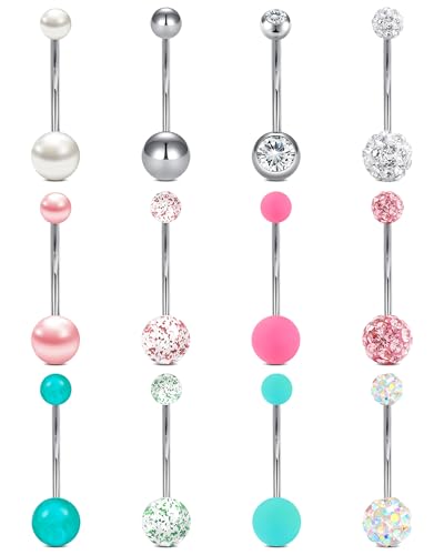 VCMART 14g Belly Button Ring Belly Button Piercing Belly Rings Surgical Steel Belly Button Rings 6mm 8mm 10mm 12mm 14mm 16mm 18mm Short Long Bar Belly Piercing Jewelry for Women - style: B -12pcs