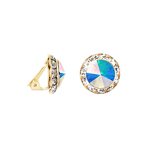 Rosemarie & Jubalee Women's Timeless Classic Statement Clip On Halo Earrings Made With Premium Crystals - color: 15mm, AB Crystal Gold Tone