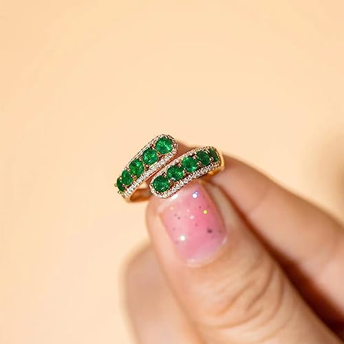 14K Golden Plated Green Crystal Adjustable Open Ring CZ Simulated Emerald Stacking Statement Wrap Finger Bands Rings Sparkling Jewelry Gifts for Women Birthday