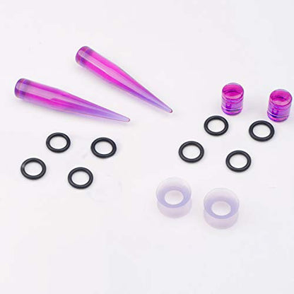 50-Piece Ear Gauges Stretching Kit, 14G-00G | Acrylic tapers and plugs with soft silicone tunnels, body piercing jewelry for women and men - color: Purple
