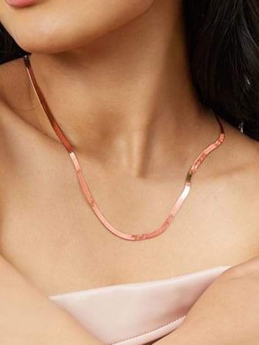 ChainsHouse Flat Snake Chain Herringbone Choker Necklace for Women, Stainless Steel/Rose Gold/18K Gold Plated Dainty Adjustable Simple Short Layered Necklaces, 12"/15"/18" with 3.5" Extender - color: a. rose gold-5mm