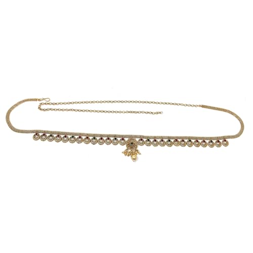 Duel On Jewel Indian Kamarbandh Waist Belt for Women, Gold Plated Waist Belly Dancer’s Chain with Zircon Accents, Adjustable Bridal Wedding Dandiya Party Dance Jewelry, Traditional Ethnic Hip Chain - style: Ethnic