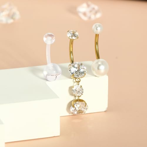 TIANCI FBYJS 3pcs G23 Titanium Pink Belly Button Rings Internally Threaded 10mm Clicker Reverse Curved Hoop Navel Barbell Piercing Jewelry CZ Belly Rings for Women Men - color: gold set3