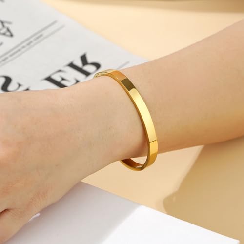 Waterproof Gold Bangle Bracelet sets for Women, 18K Gold PVD Plated Stainless Steel Stackable Bracelets Non Tarnish Oval Design, Minimalist Trendy Premium Jewelry - color: Gold