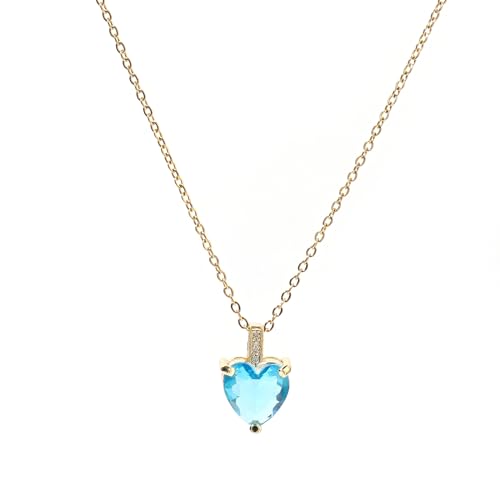 Heart Birthstone Necklace for Women, 14K Gold Plated Birthstone Pendant Necklace Cubic Zirconia Diamond Necklace Dainty Gold Necklace Birthday Gifts for Women Girls - color: 03. March(Aquamarine)
