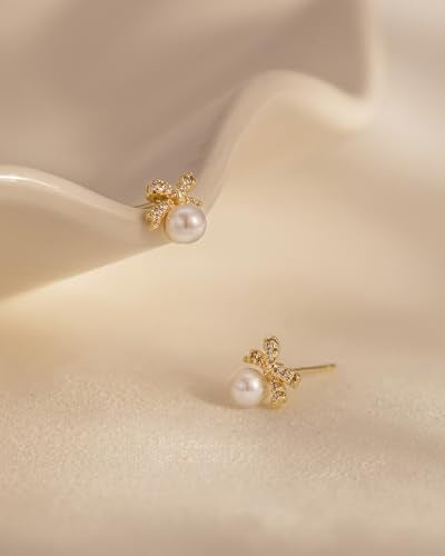 Stud Earrings for Women- 14K Gold/White Gold Plated/Black Bow Dragon Softball Snake Bat Stud Earrings - color: Bow Pearl