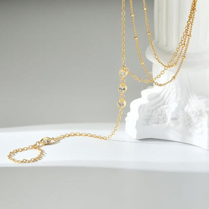 Cicy Bell Hand Chain Bracelets for Women 18K Gold Plated | Layered Stackable Dainty Ring Bracelets, Adjustable Satellite Bead Dot Link Finger Bracelets - color: Style D-Gold