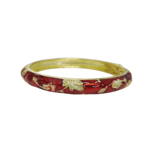 Cloisonne Bracelet For Women, Chunky Bangle Trendy Cute Flower Enamel Bangles Multi Tone Engraved Cuff Gold Plated Bracelets Stackable Wife Jewelry Friendship Gift - color: Dark Red