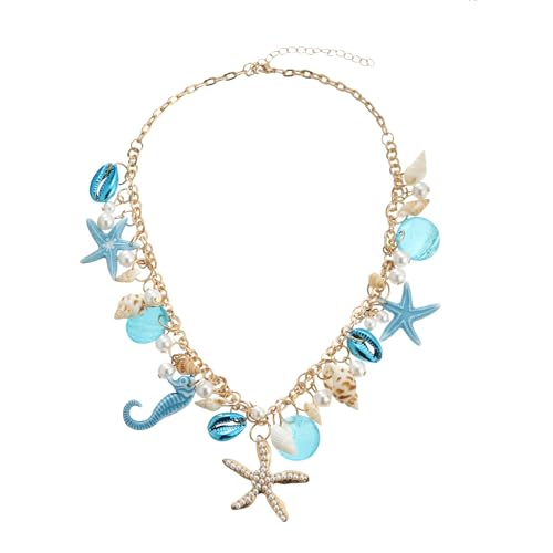 RUOFFETA Shell Starfish Necklace Bracelet Conch Statement Chunky Necklace Mermaid Costume Jewelry Beach Jewelry for Women - style: Necklace Blue