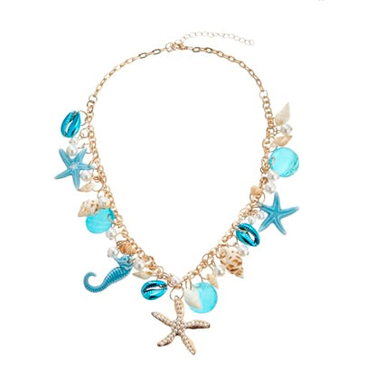 RUOFFETA Shell Starfish Necklace Bracelet Conch Statement Chunky Necklace Mermaid Costume Jewelry Beach Jewelry for Women - style: Necklace Blue