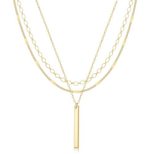 Gold Necklace for Women 14K Gold Plated Layered Cross Bar Necklace Herringbone Figaro Paperclip Flat Chain Cute Charm Accessories Non Tarnish Jewelry Set Gifts for Women - style: R-NK-07-Bar-GD