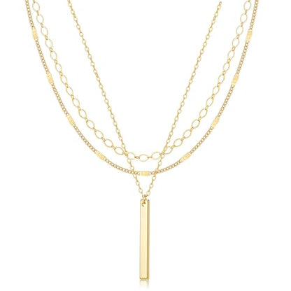 Gold Necklace for Women 14K Gold Plated Layered Cross Bar Necklace Herringbone Figaro Paperclip Flat Chain Cute Charm Accessories Non Tarnish Jewelry Set Gifts for Women - style: R-NK-07-Bar-GD