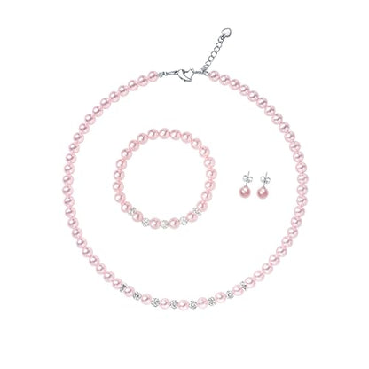 6mm Pearl Jewelry Set for Women & Girls, Necklace Bracelet Earrings | Sparkling Rhinestone Detail, Faux Pearl Set, Prom Gift - style: 14.5 inches pink
