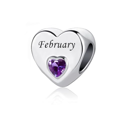 January-December 12 Months Colors Birthstone Crystal Happy Birthday Heart Charms For Charm Bracelets Necklace - color: February