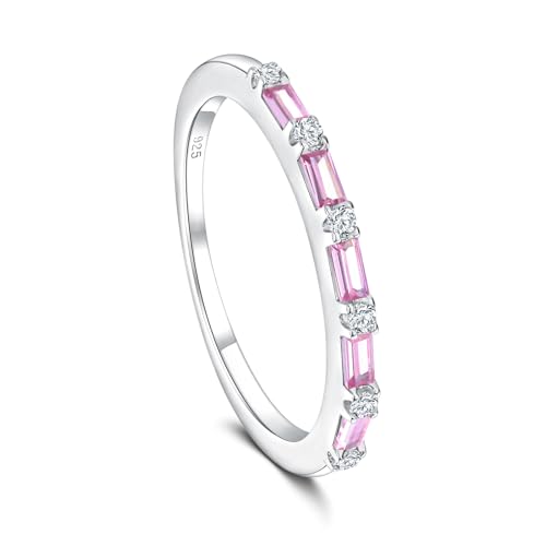 925 Sterling Silver 1.5mm Thin Baguette Stackable Rings for Women | Created Ruby/Sapphire/Emerald/Cubic Zirconia,Dainty Wedding Band Birthday Anniversary Jewelry(with Gift Box) - color: 06-Created Pink Sapphire & CZ