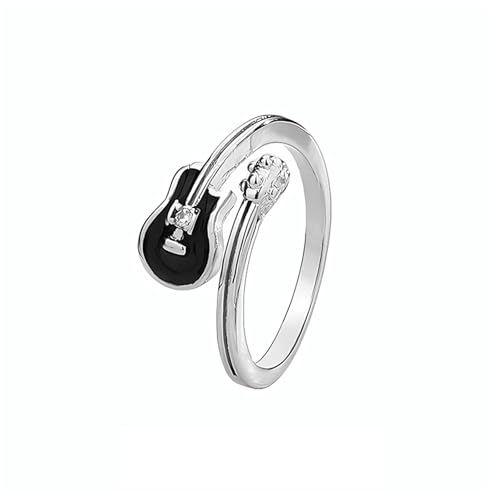 Adjustable Leaf Stackable Rings for Women Cubic Zirconia Stones Blue Leaves Purple Flower Open Band Stacking Finger Sliver Rings Fashion Plant Floral Aesthetic CZ Jewelry - color: black guitar