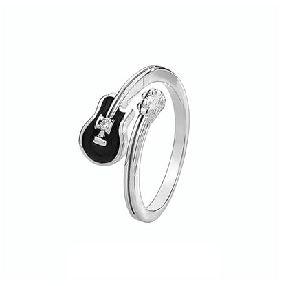 Adjustable Leaf Stackable Rings for Women Cubic Zirconia Stones Blue Leaves Purple Flower Open Band Stacking Finger Sliver Rings Fashion Plant Floral Aesthetic CZ Jewelry - color: black guitar