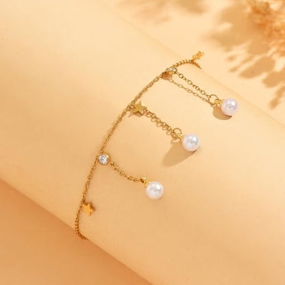 Dainty Cubic Zircon Foot Chain for Women 18K Gold Plated Stainless Steel Adjustable Ankle Bracelet Trendy Paperclip Cross Star Pearl Beach Summer Foot Jewelry Fashion Accessories Gifts for Women - color: 3 Pearls Star CZ-GD