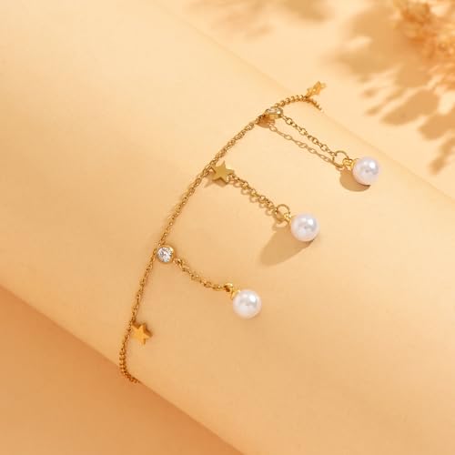 Dainty Cubic Zircon Foot Chain for Women 18K Gold Plated Stainless Steel Adjustable Ankle Bracelet Trendy Paperclip Cross Star Pearl Beach Summer Foot Jewelry Fashion Accessories Gifts for Women - color: 3 Pearls Star CZ-GD