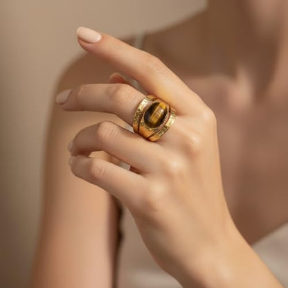 Western Captivating Tiger's Eye Stone Ring,Solitaire 8 * 10mm Oval Cut Gemstone 18K Gold Plated Stack 13mm Wide Ribbed Texture Band Statement Ring for Women - style: Tiger's Eye S