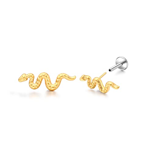limerencia G23 Hypoallergenic 18g Flat Back Stud Earrings | F136 Implant Grade Titanium Pressfit Threadless Push Pop in Cartilage Helix Labret Lip Monroe Tragus Flat Back Piercing Studs - color: Snake Gold