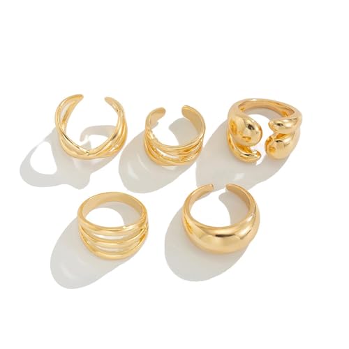 Gold Plated Geometric Chunky Water Drop Ring Set for Women,Open Adjustable Twisted Stacked Knuckle Finger Ring Set Punk Party Jewelry Accessories Gift - color: Gold