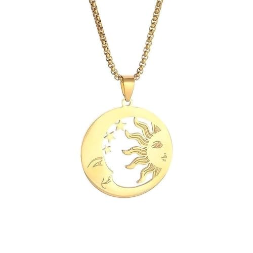 Sun Moon Star Hollow Pendant Box Chain Necklace for Women | Hollow sun moon star design represents companionship, smooth polished, versatile daily jewelry for women - color: golden