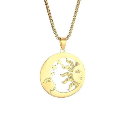 Sun Moon Star Hollow Pendant Box Chain Necklace for Women | Hollow sun moon star design represents companionship, smooth polished, versatile daily jewelry for women - color: golden