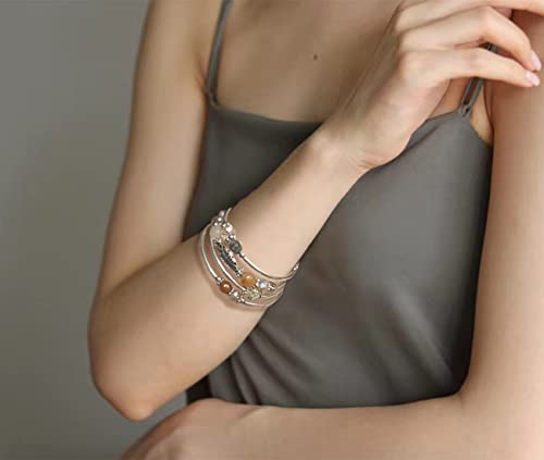 FULU AUTUMN Stackable Beaded Bracelets for Women Boho Wrap Silver Bracelet Layered Fashion Jewelry Gifts for Her - color: Brown