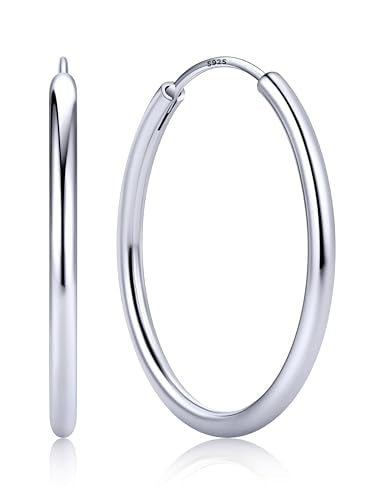 ChicSilver 925 Sterling Silver Hoop Earrings for Women Hypoallergenic, Lightweight Large Gold Plated Silver Hoop Earrings, Endless Hoops Earring 20/30/40/50/60/70MM - color: A. High Polished Silver, size: 30mm