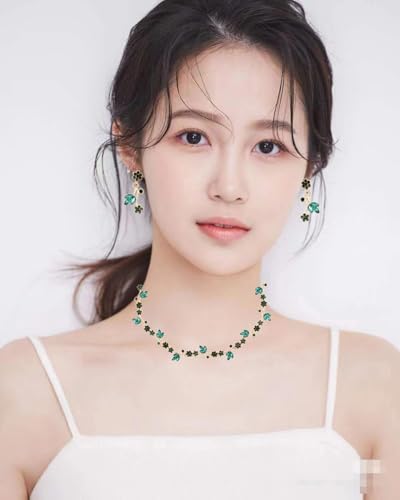 Brides Bridesmaid Flower Leaf Choker Necklace Dangle Earrings Link Bracelet Austrian Crystal Wedding Jewelry Set for Prom Costume Party Accessories for Woman - color: Emerald-Gold Plated