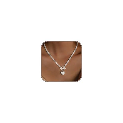Airmb Heart Necklace for Women Gold/Silver Plated Trendy Heart Choker Lover Pendant Hypoallergenic Fashion Gold/Silver Necklace for Women Love Jewelry Gift for Women Girlfriend - color: Cuban-Chain-Silver