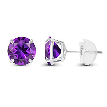 Genuine 10K Solid White Gold 6mm Round Natural Purple Amethyst February Birthstone Stud Earrings