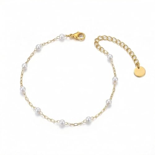 NONAMOIS Ankle Bracelets for Women Dainty 18K Gold Plated Anklet Waterproof Round Beaded Paperclip Herringbone Pearl Chain Anklets Waterproof Beach Foot Jewelry - color: Pearls-Gold