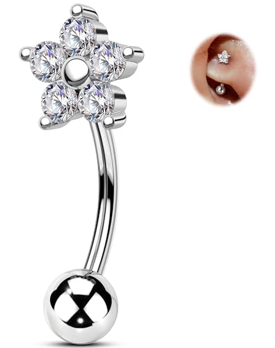 OUFER 16g Flower Rook Earrings Silver Rook Piercing Jewelry Hypoallergenic Surgical Steel Eyebrow Earrings Curved Barbell Small Belly Button Rings for Women
