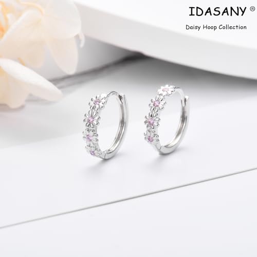 Sterling Silver Hoop Earrings for Women, Dainty Small Huggie Hoop Earrings | Hypoallergenic Daisy Color Cubic Zirconia Flower Hoops Earring Jewellery Gifts for Ladies Birthday Wedding, 12mm Hoop - color: Pink