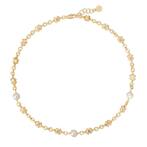 MTMY Beaded Necklaces for Women 14K Gold Plated Dainty Colorful Green/Rose Beaded Pearl Choker Necklace Delicate Boho Choker Necklace Jewelry Gift - style: Cross pearl